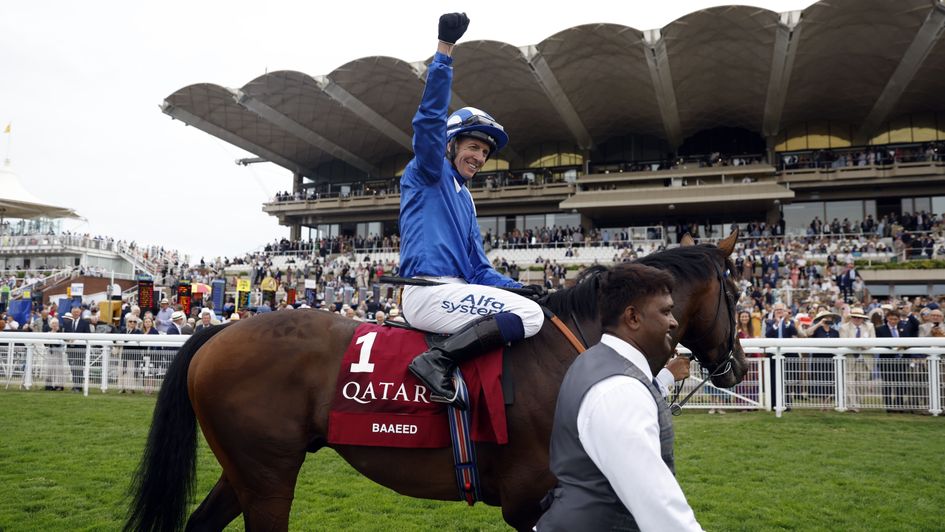 Jim Crowley punches the air after winning the Sussex Stakes on Baaeed