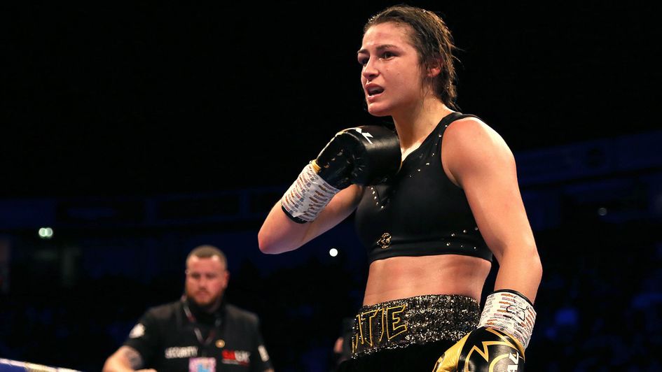 Katie Taylor celebrates in Manchester