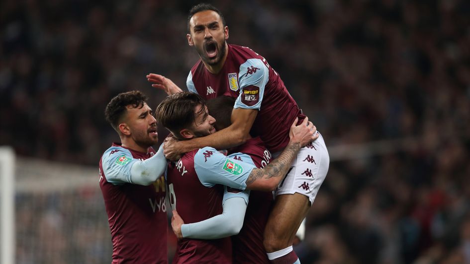 Aston Villa celebrate Conor Hourihane's goal against Liverpool in the Carabao Cup