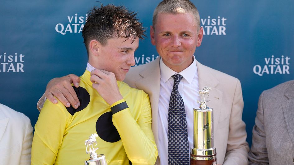 Billy Loughnane (left) pictured with George Boughey and the Sussex Stakes trophy