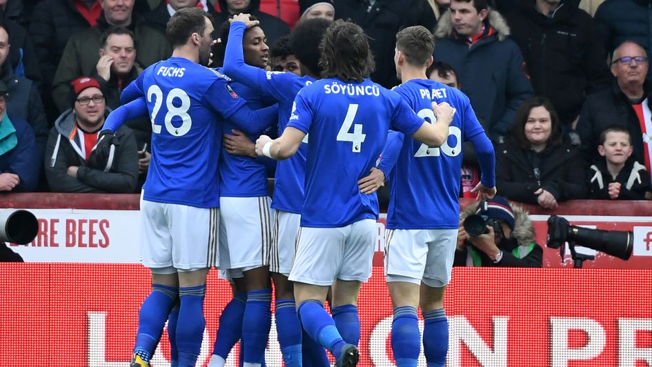 Leicester celebrate Kelechi Iheanacho's goal at Brentford in the FA Cup