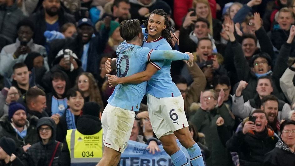 Nathan Ake celebrates scoring Manchester City's FA Cup winner against Arsenal with team-mate Jack Grealish