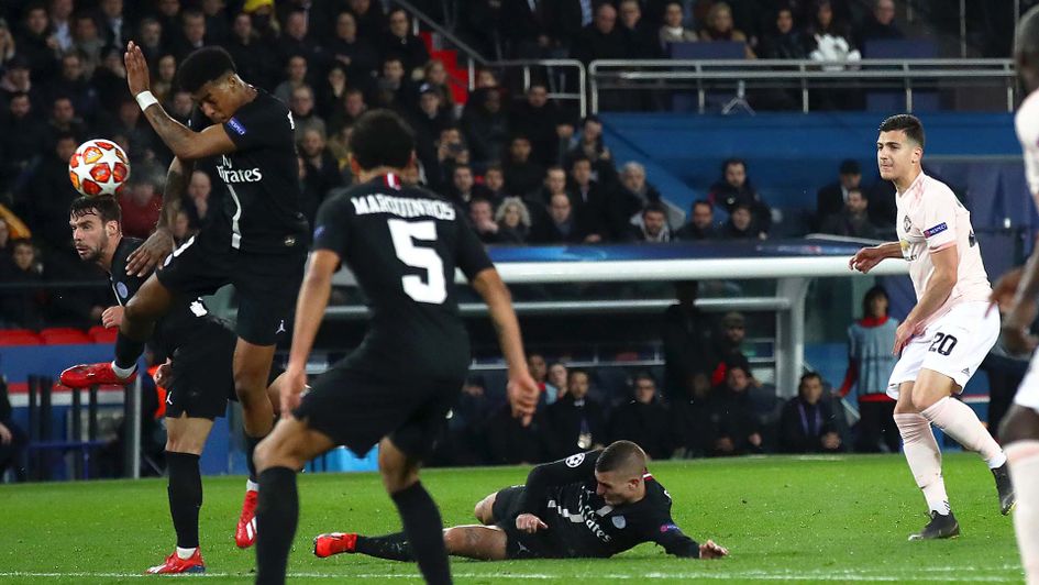 PSG defender Presnel Kimpembe concedes a controversial penalty for handball against Man Utd