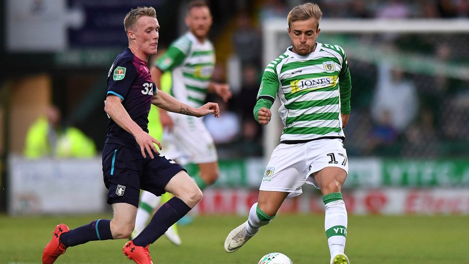 Aston Villa's Jake Hayes and Yeovil Town's Alex Pattison during the Carabao Cup