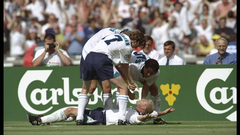 Paul Gascoigne celebrating after scoring one of England's greatest goals
