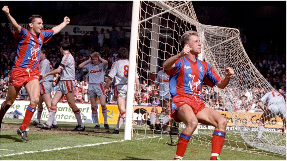 Alan Padrew celebrates the winner in Crystal Palace 4-3 Liverpool, 1990 FA Cup semi-final