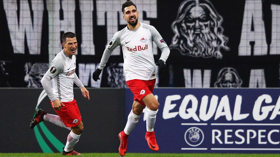 FC Salzburg's Munas Dabbur celebrates scoring in the Europa League