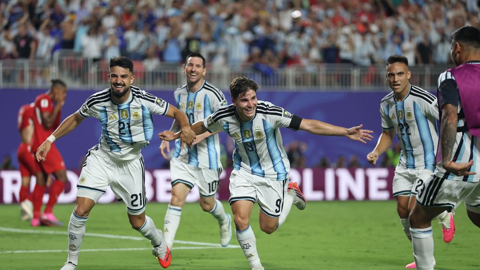 Julian Alvarez celebrates scoring against Switzerland