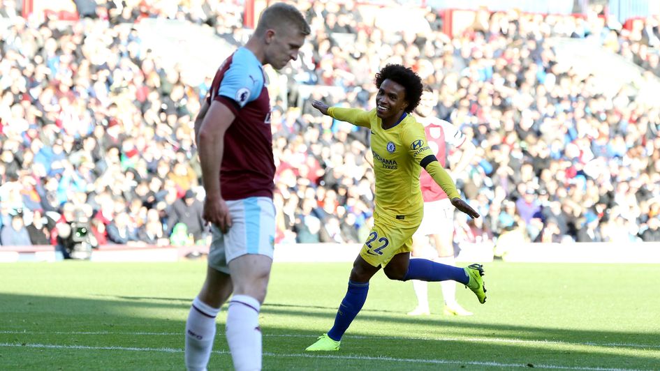 Willian celebrates his goal for Chelsea at Burnley