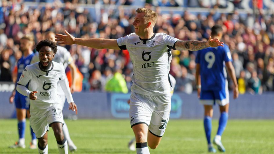 Ben Wilmot of Swansea celebrates scoring against Cardiff in the Sky Bet Championship