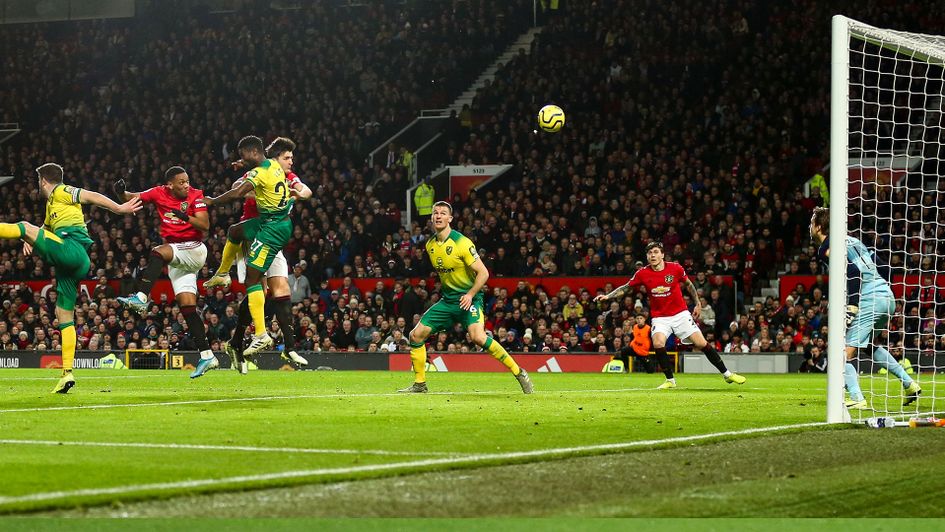 Manchester United's Anthony Martial heads home against Norwich