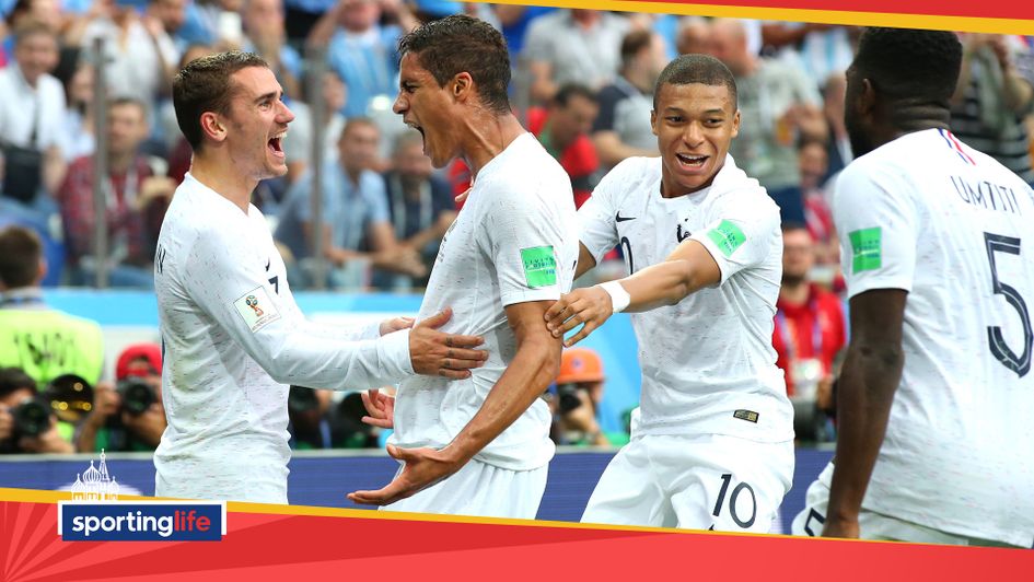 Raphael Varane celebrates his goal against Uruguay