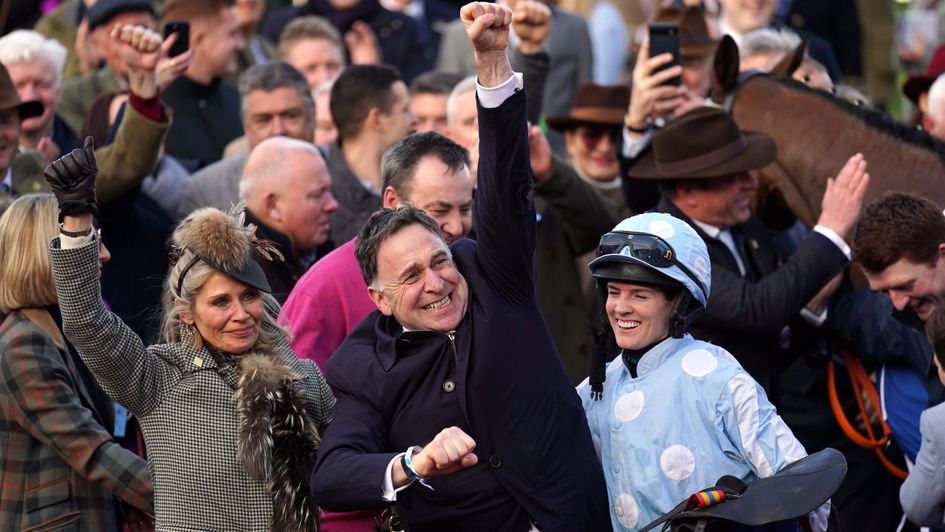 Henry de Bromhead punches the air after Cheltenham roared Honeysuckle home