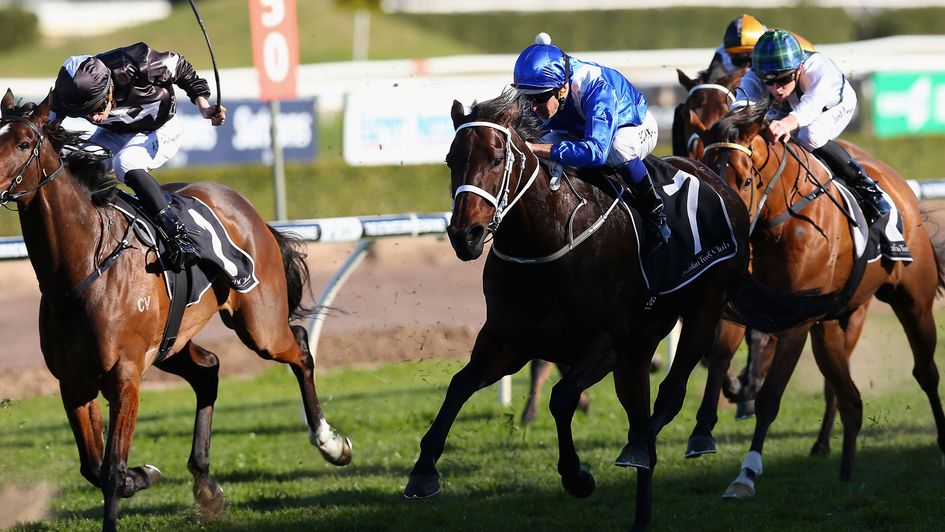 Winx (blue) pictured winning the Warwick Stakes