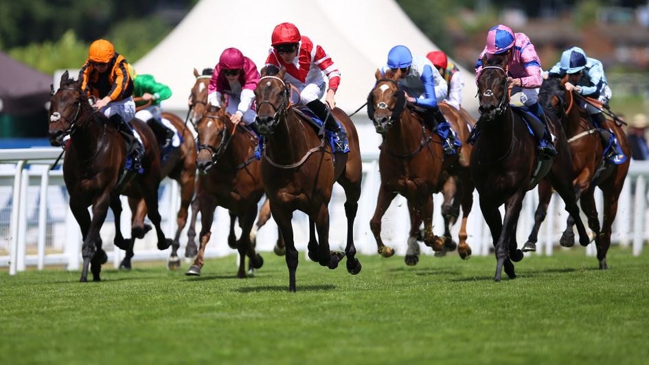Sinjaari (centre) holds off Checkandchallenge (pink and blue) to win the Coral Challenge
