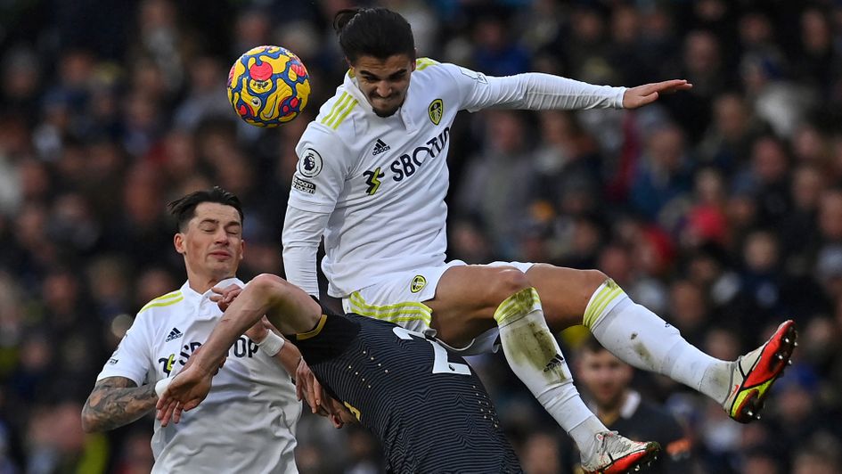 Leeds' Robin Koch and Pascal Struijk try to win the ball