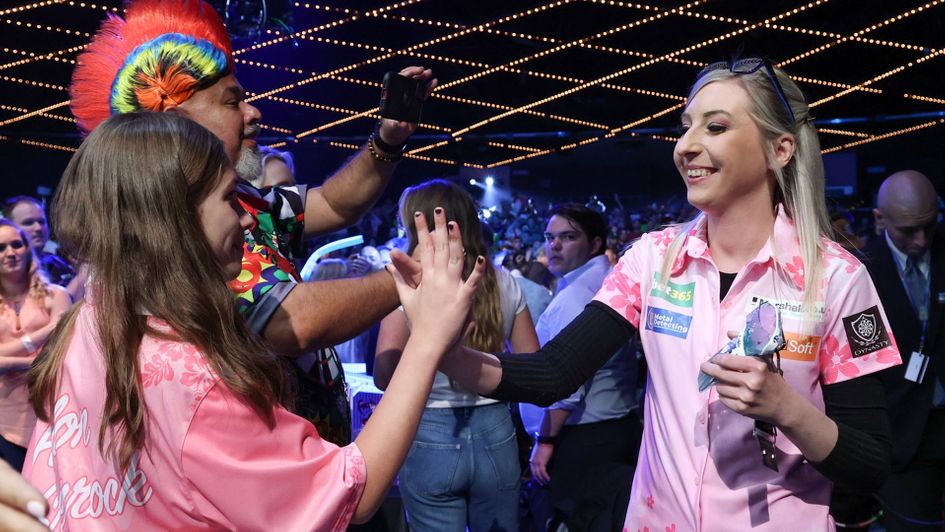 Fallon Sherrock in World Series action (Picture Ed Mulholland/PDC)