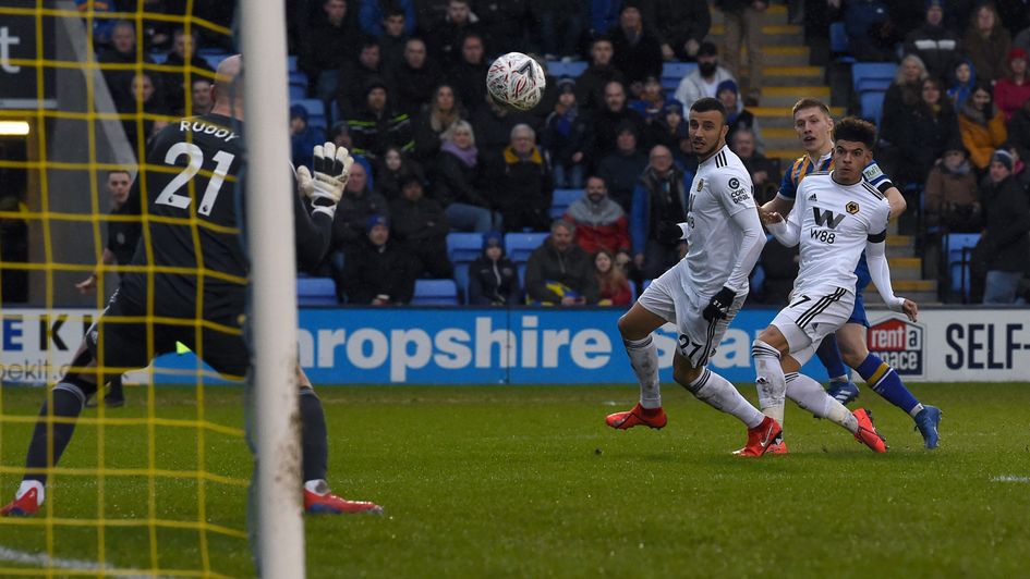 Greg Docherty scores for Shrewsbury against Wolves in the FA Cup