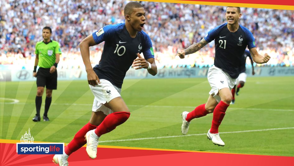 Kylian Mbappe celebrates one of his goals against Argentina