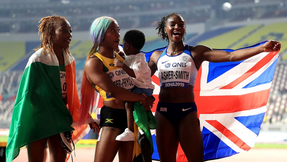Dina Asher-Smith with Shelley-Ann Fraser-Pryce and Marie-Josee Ta