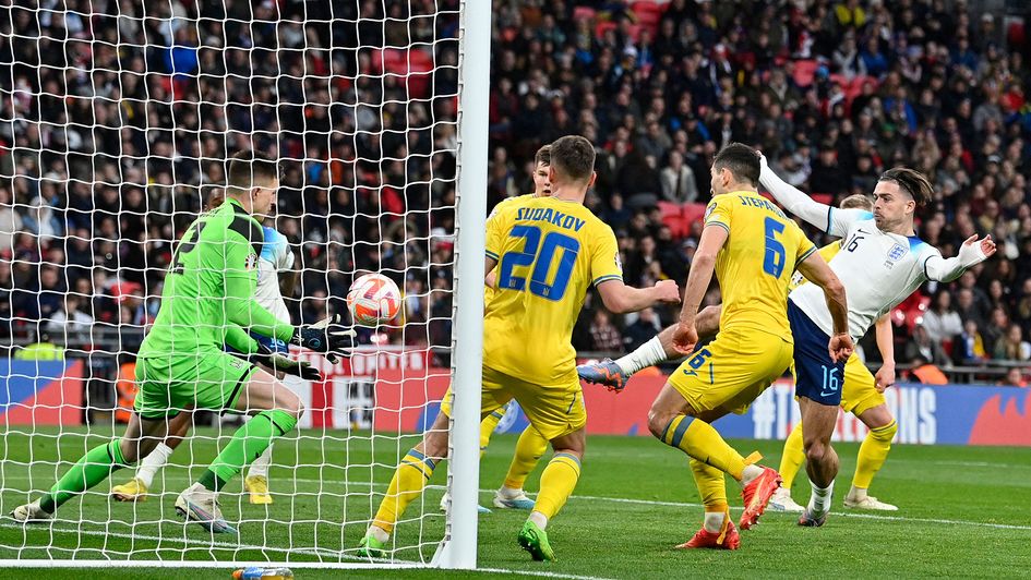 Jack Grealish is denied by the Ukraine goalkeeper