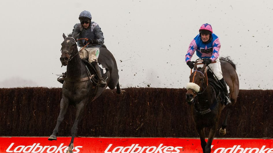 Santini (left) towers over the final fence at Newbury