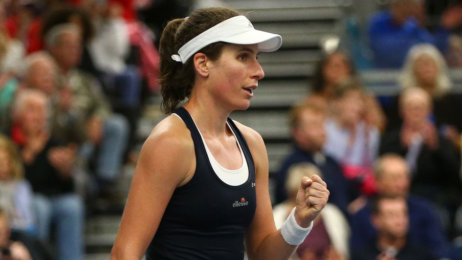 Johanna Konta celebrates a point in the Fed Cup