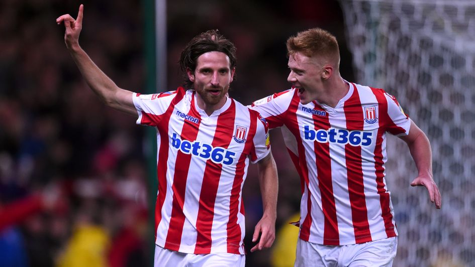 Joe Allen (left) celebrates his goal for Stoke