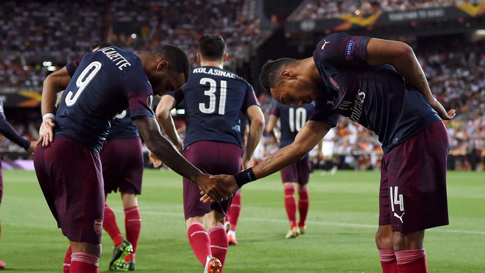 Pierre-Emerick Aubameyang and Alexandre Lacazette celebrate for Arsenal