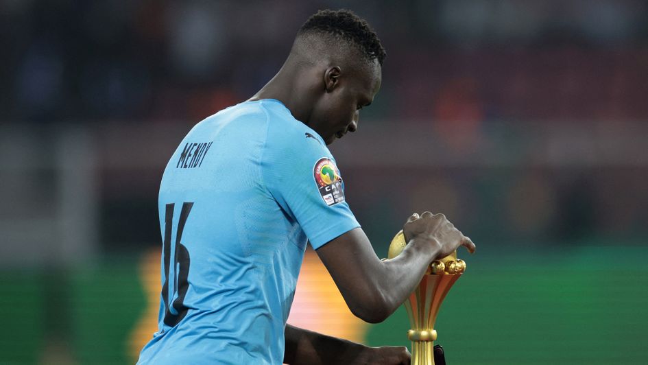 Senegal's goalkeeper Edouard Mendy with the AFCON trophy