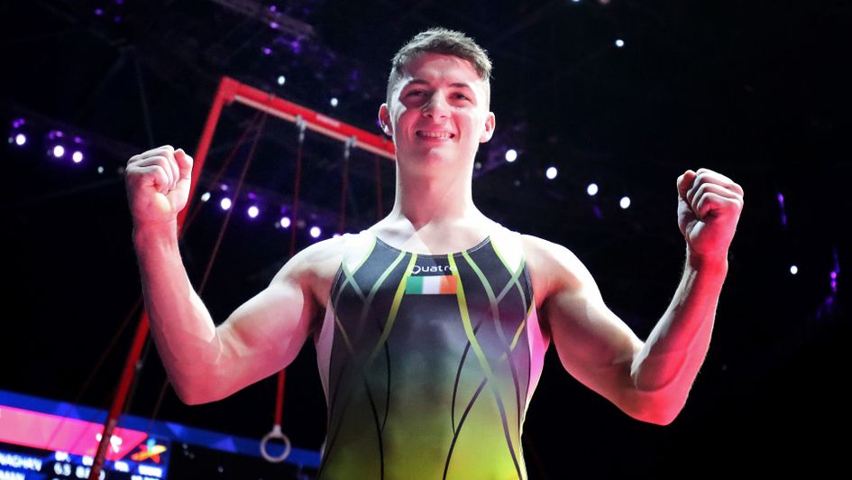 Ireland's Rhys McClenaghan celebrates winning gold