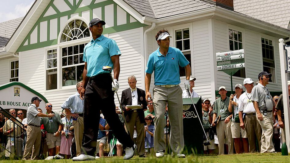 Nick Dougherty tees off alongside Tiger Woods