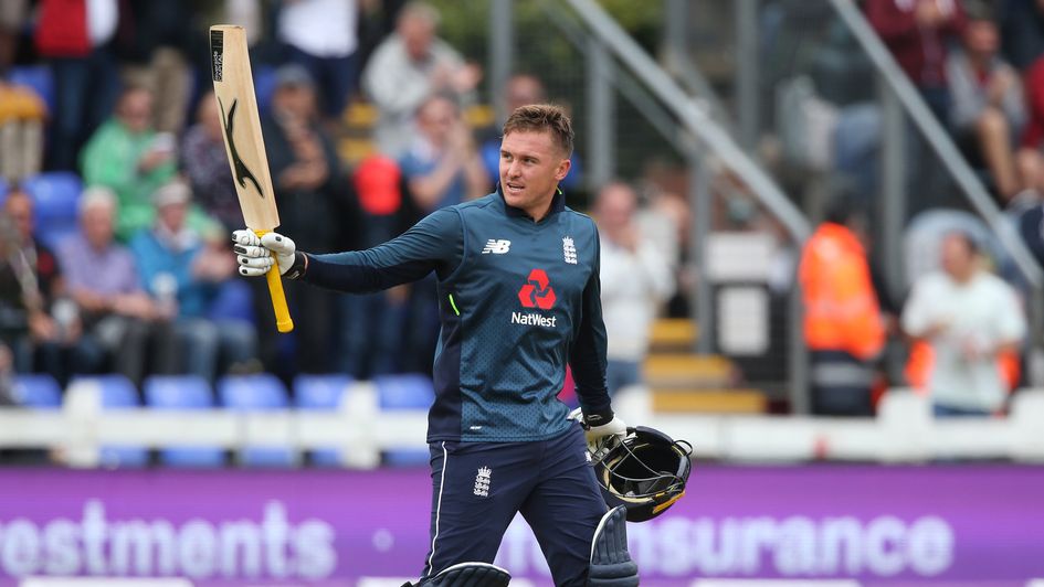Jason Roy celebrates passing the 100 mark