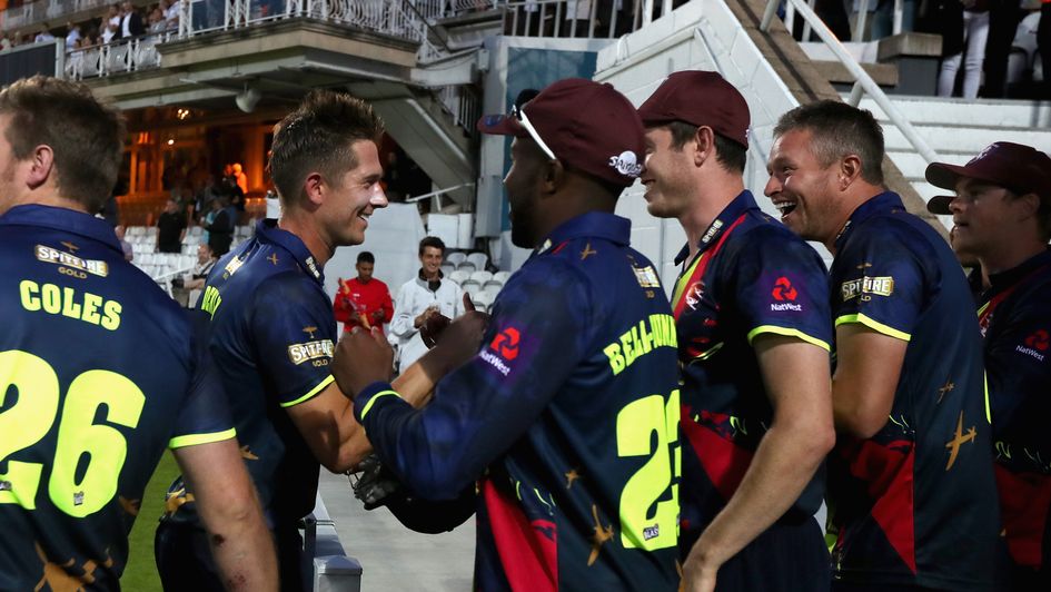 Joe Denly takes the plaudits from his Kent team-mates