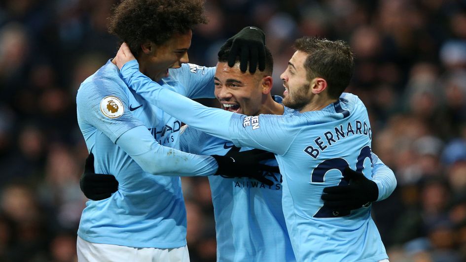 Gabriel Jesus celebrates his opening goal as Manchester City take the lead over Everton