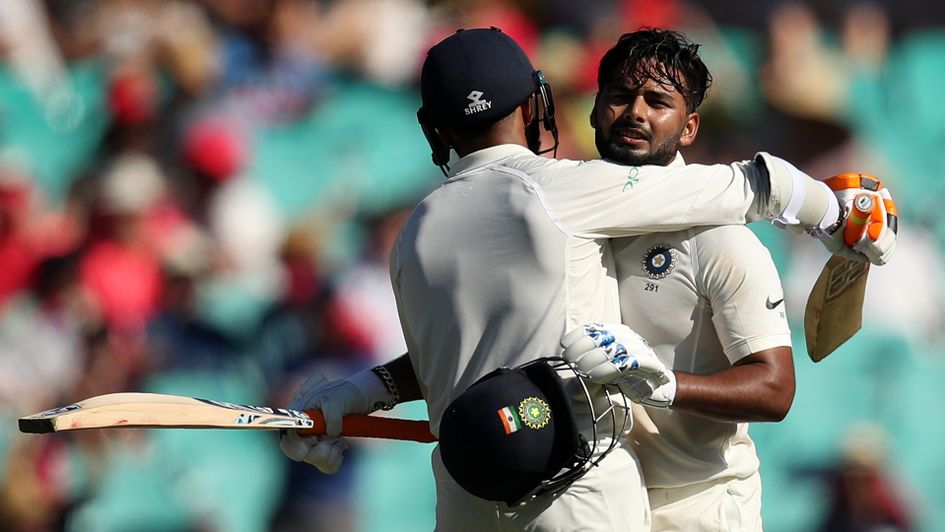 Rishabh Pant of India celebrates scoring 150 runs with Ravindra Jadeja