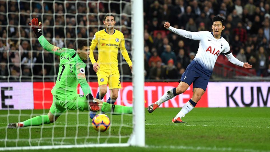 Son Heung-min scores for Tottenham against Chelsea at Wembley