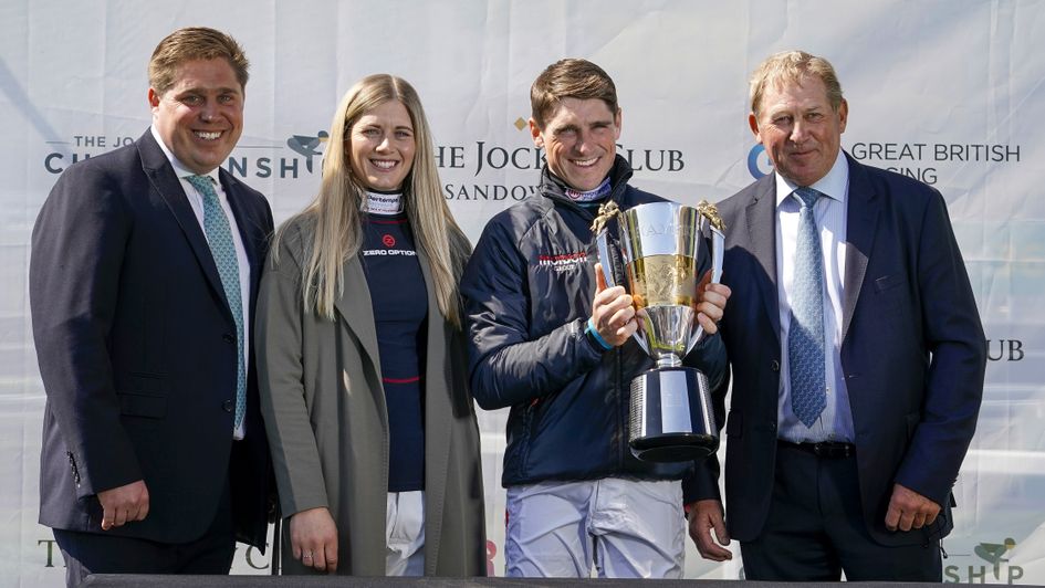 Dan Skelton (far left) pictured as brother Harry receives his champion jockey trophy