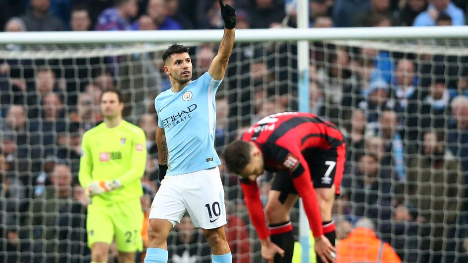 Sergio Aguero celebrates after scoring against Bournemouth