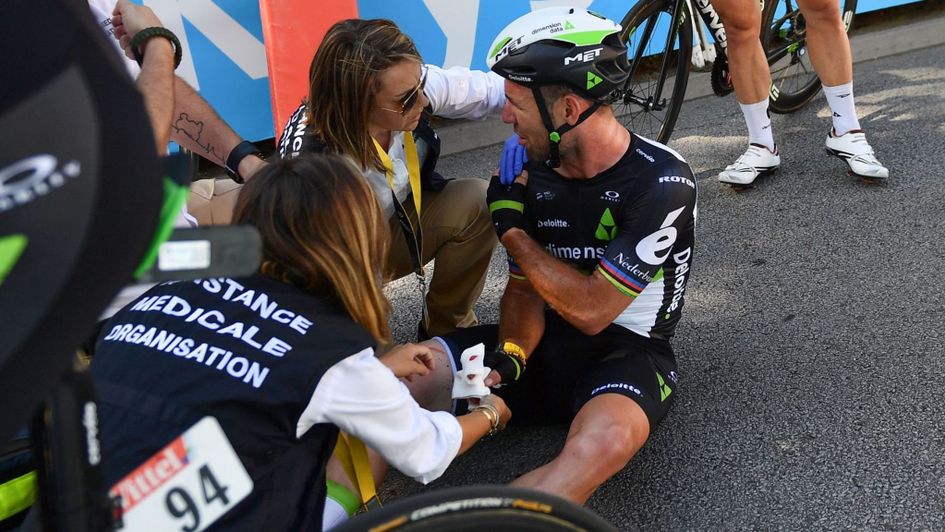 Mark Cavendish following a horror crash on stage four