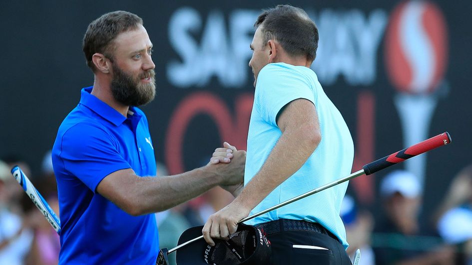 Brendan Steele shakes hands with Graham DeLaet after his victory