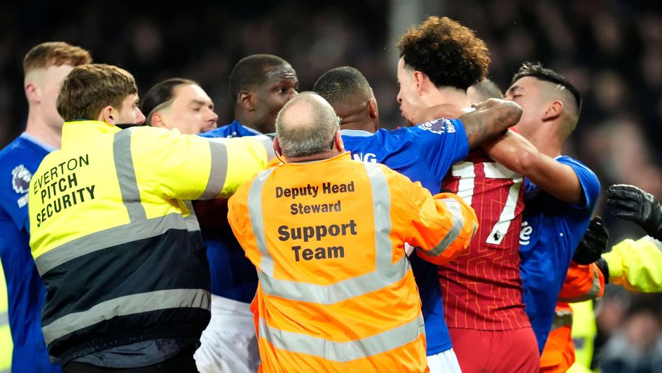 Curtis Jones and Abdoulaye Doucoure clash after the full-time whistle of the last Merseyside derby