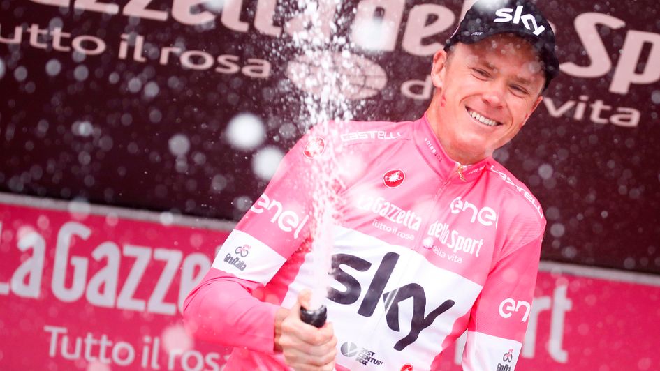 Chris Froome celebrates after stage 20 of the Giro d'Italia