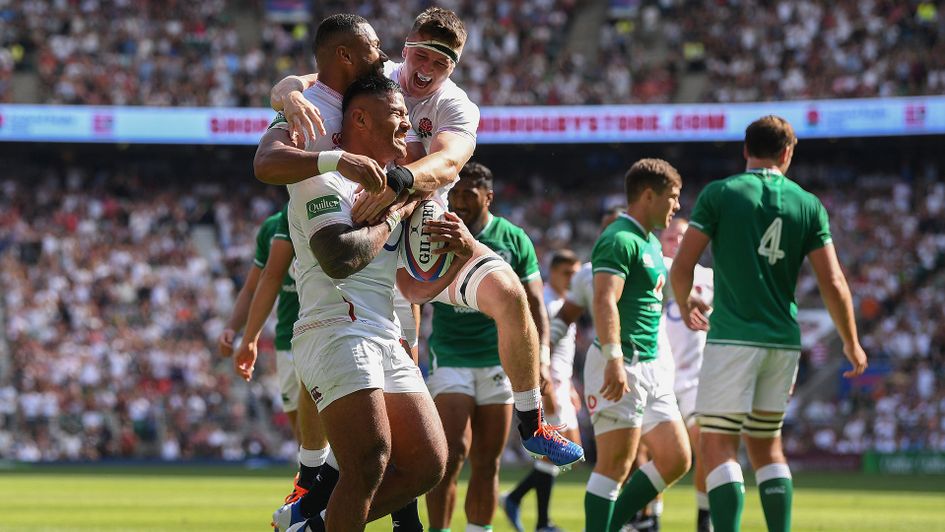 Manu Tuilagi celebrates his try in the first half against Ireland