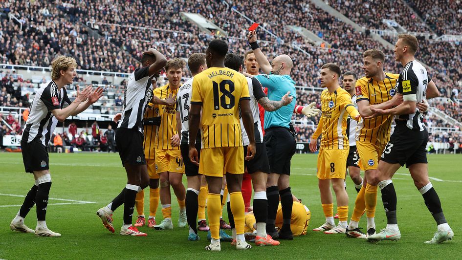 Anthony Gordon is sent off against Brighton