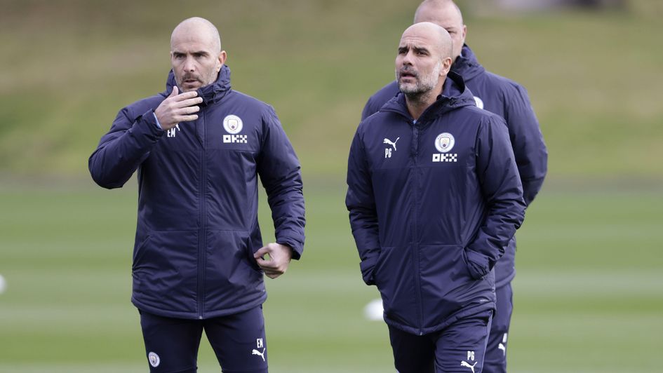 Pep Guardiola (right) and Enzo Maresca (left) working together at Manchester City