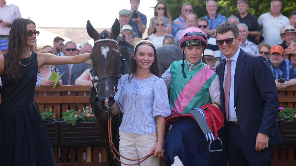 The Blue Bolt team are all smiles after her Falmouth win