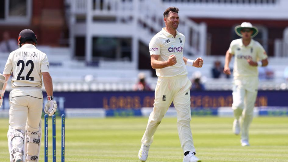 James Anderson celebrates dismissing Kane Williamson