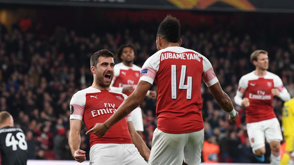 Sokratis and Aubameyang celebrate for Arsenal