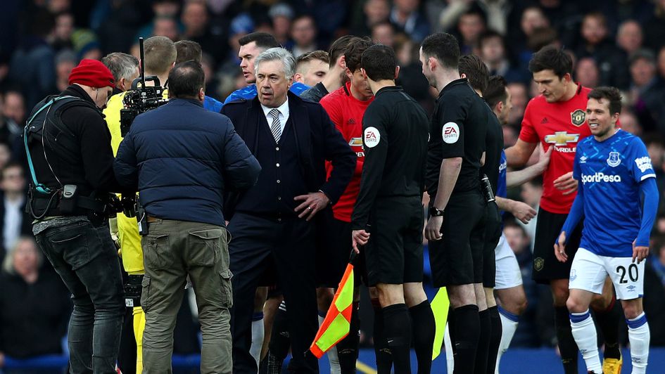 Everton boss Carlo Ancelotti was sent off at full-time